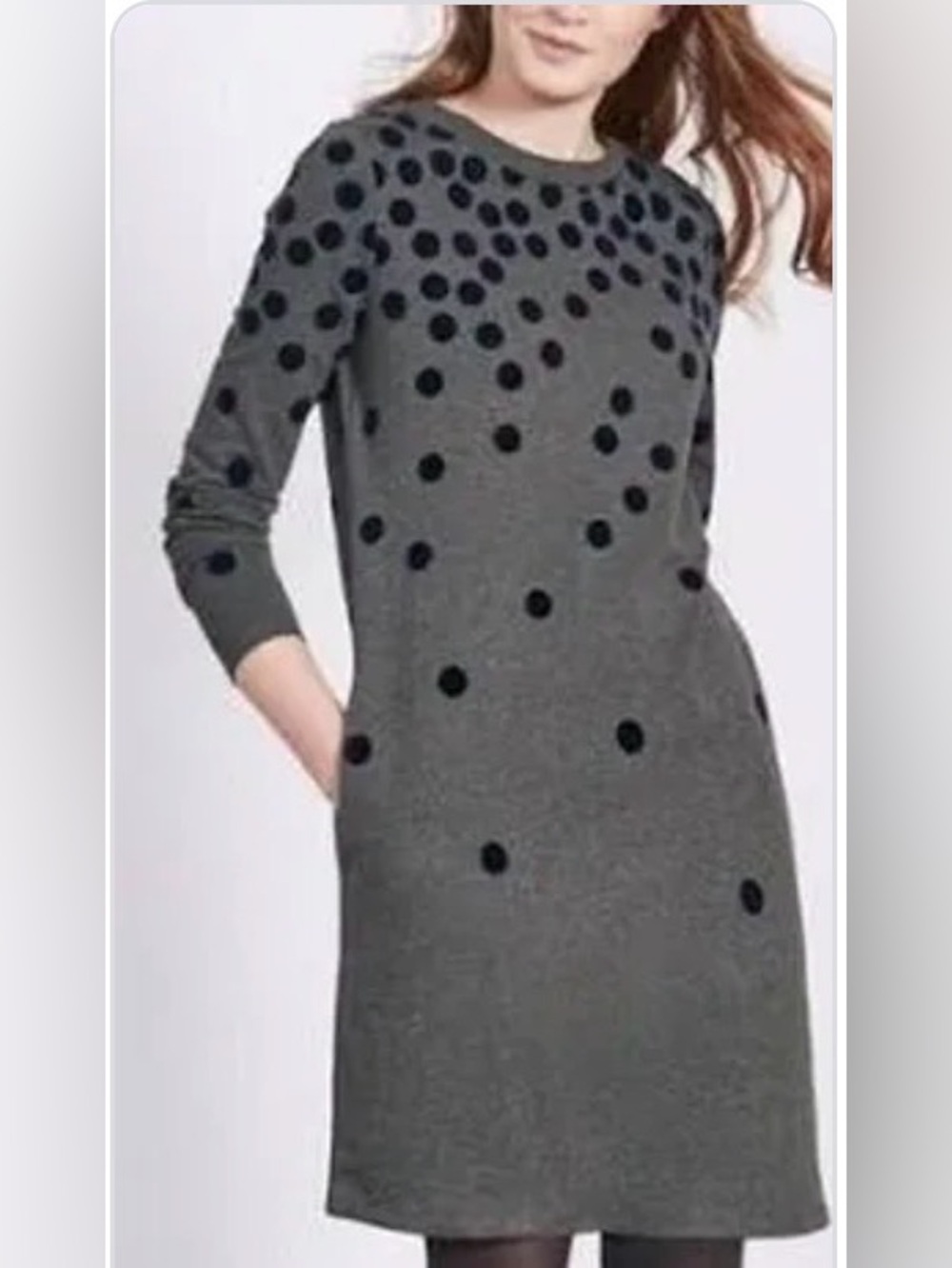 Boden Flocked Spot Gray Navy Polka Dot 100% Cotton Knit Dress UK 14 US 10 Preppy